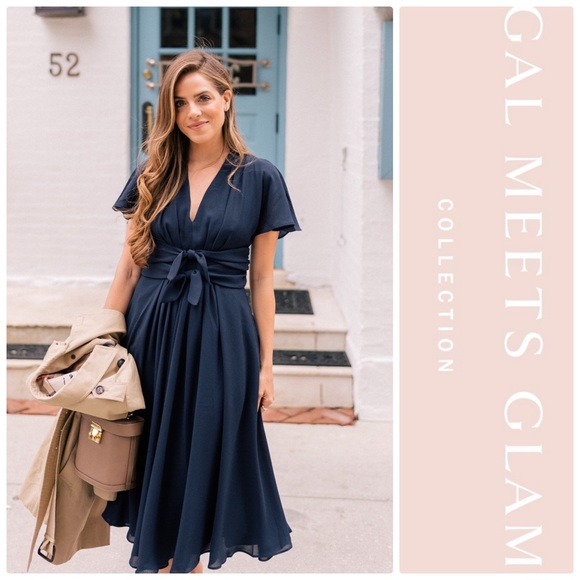 Gal Meets Glam Jane Tie Waist Midi Dress - Navy - Picture 2 of 8